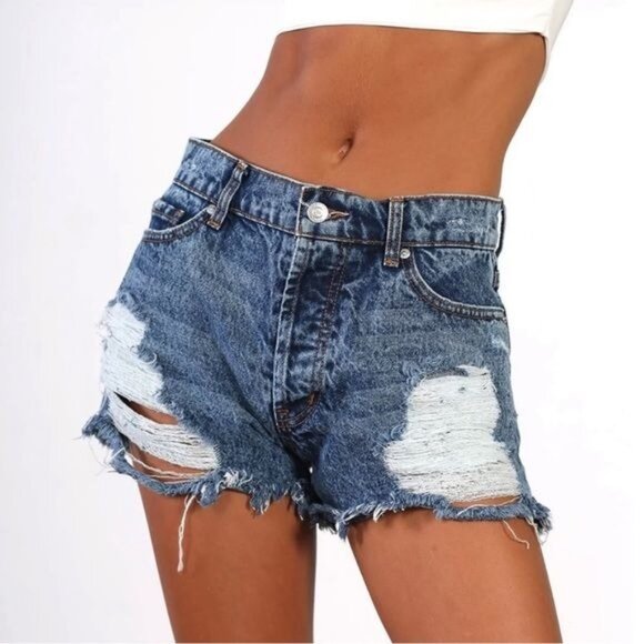 REVICE high waisted denim shorts Malibu cut off Distressed frayed hem 25 - Picture 2 of 8
